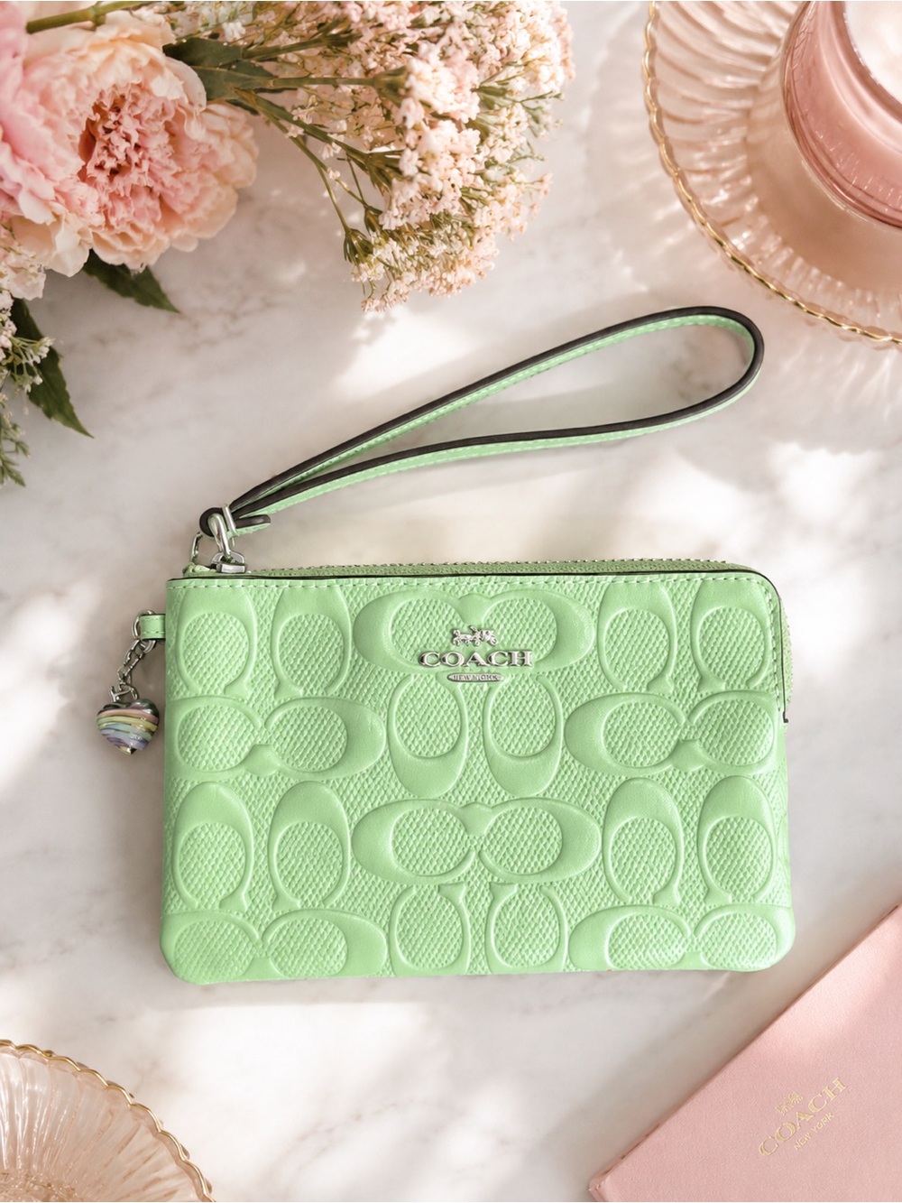Coach Mint Green Patten Leather Signature Corner Zip Wristlet w/ Heart Bag Charm